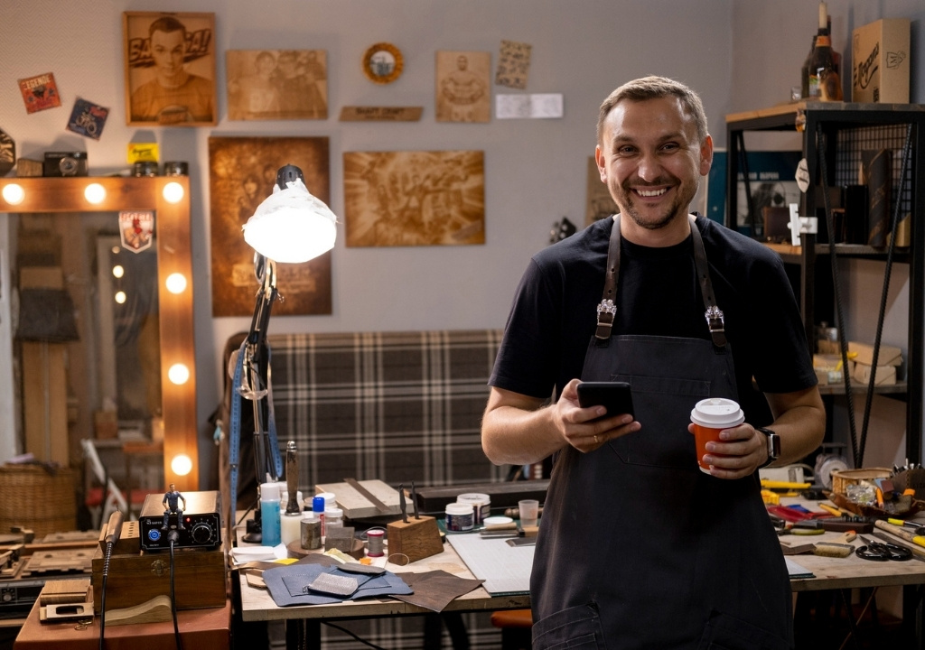 Small business owner in workshop using mobile phone for cost-effective marketing strategies.