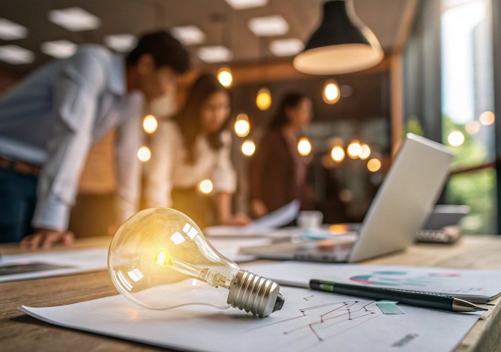 Glowing lightbulb on a conference table symbolizing business idea generation and strategic innovation, with a corporate team brainstorming in the background.